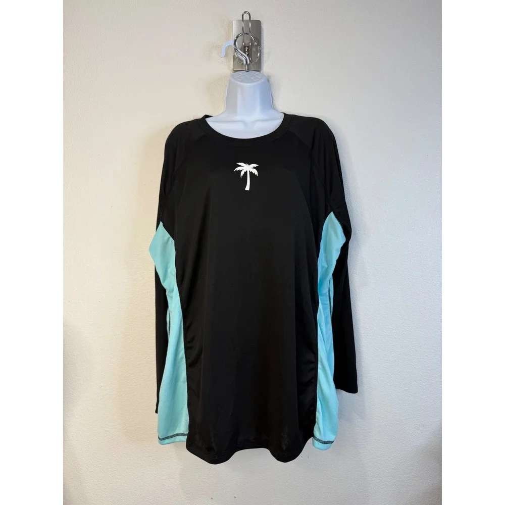 Halcurt Womens 3X Black Turquoise Palm Tree Long Sleeve Rash Guard Swim Shirt